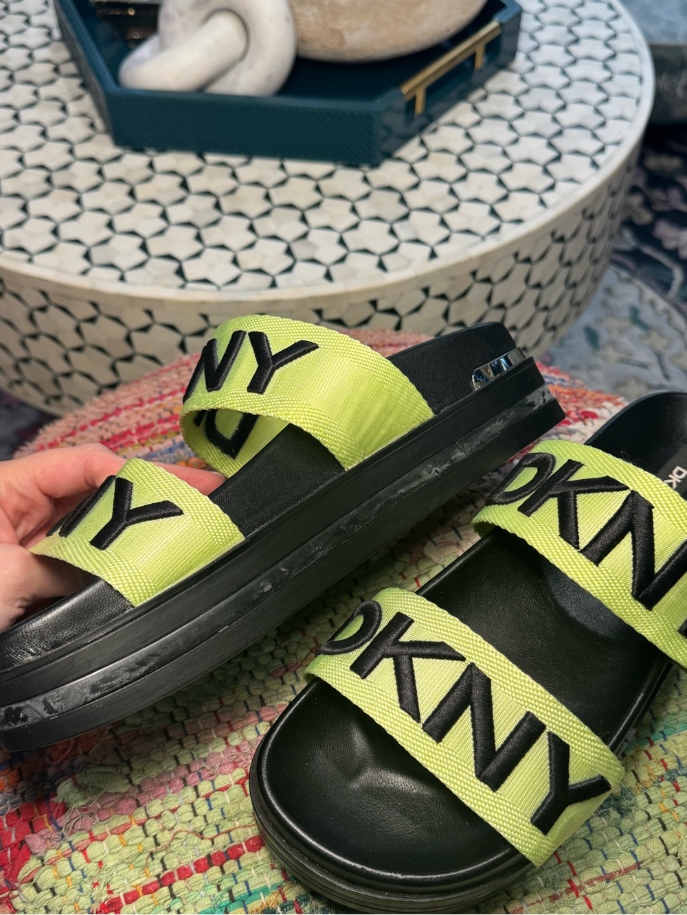 DKNY Black Slide Sandals with Neon Yellow Logo Straps Platform Logo Heeled - Picture 3 of 6